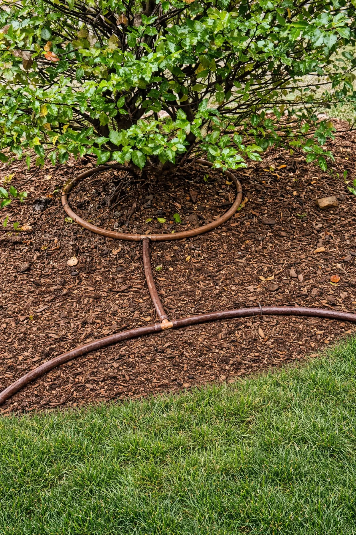 Drip irrigation tubing around landscaping